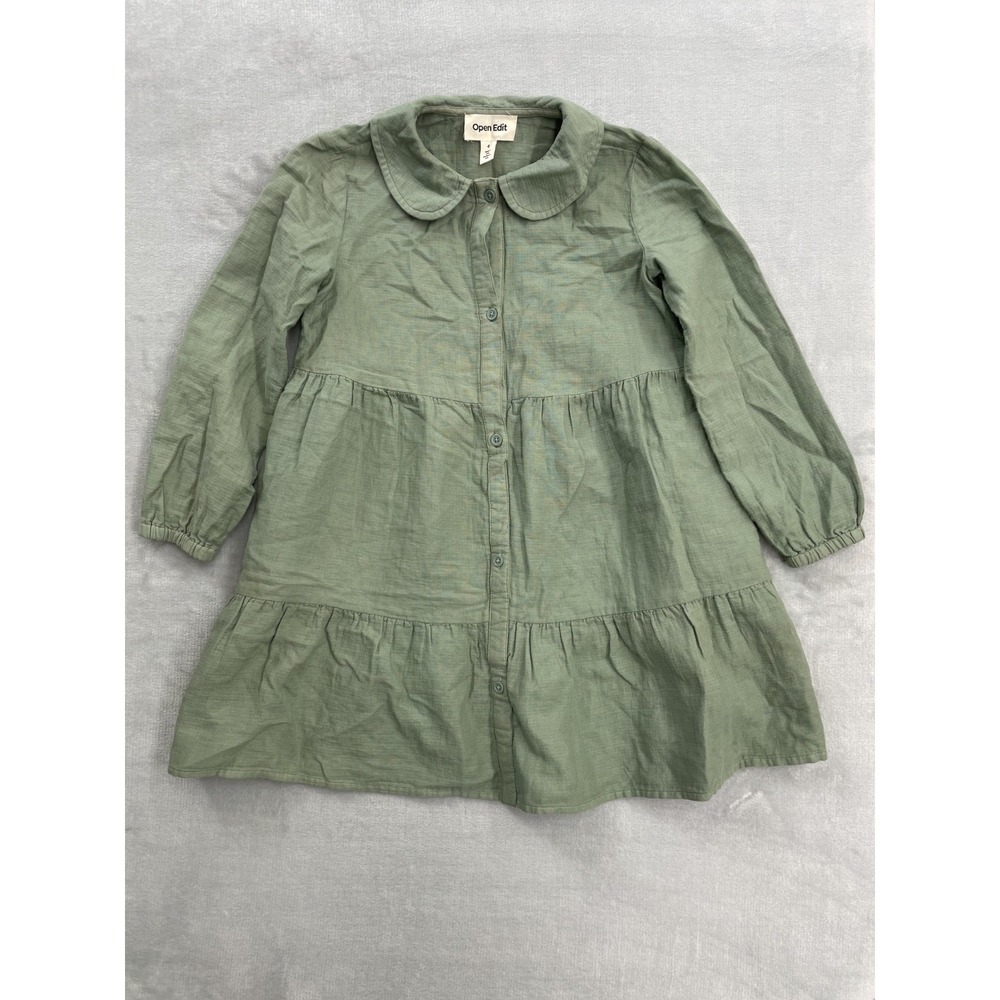 Open Edit Dress Girls Size 6 Green Long Sleeve Button Front Tiered Casual Linen